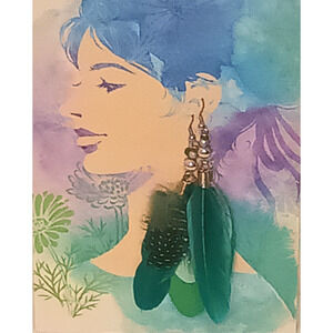 Feather Pierced Dangle Earrings Blue Green Speckled Beaded